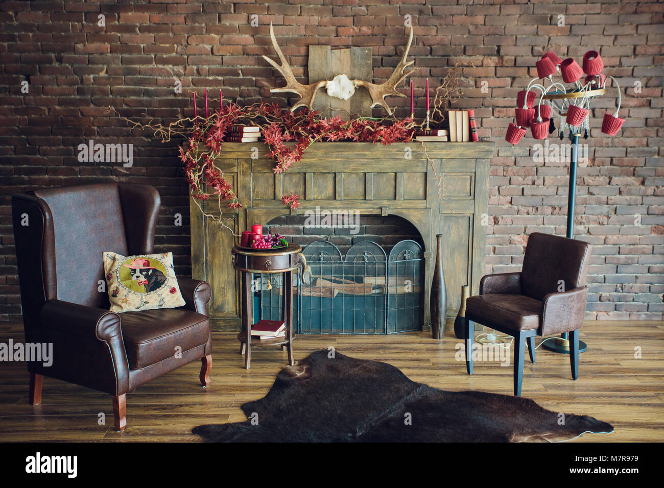 Interior Antiques And Old Stone Wall Fireplace Vintage Stock Photo