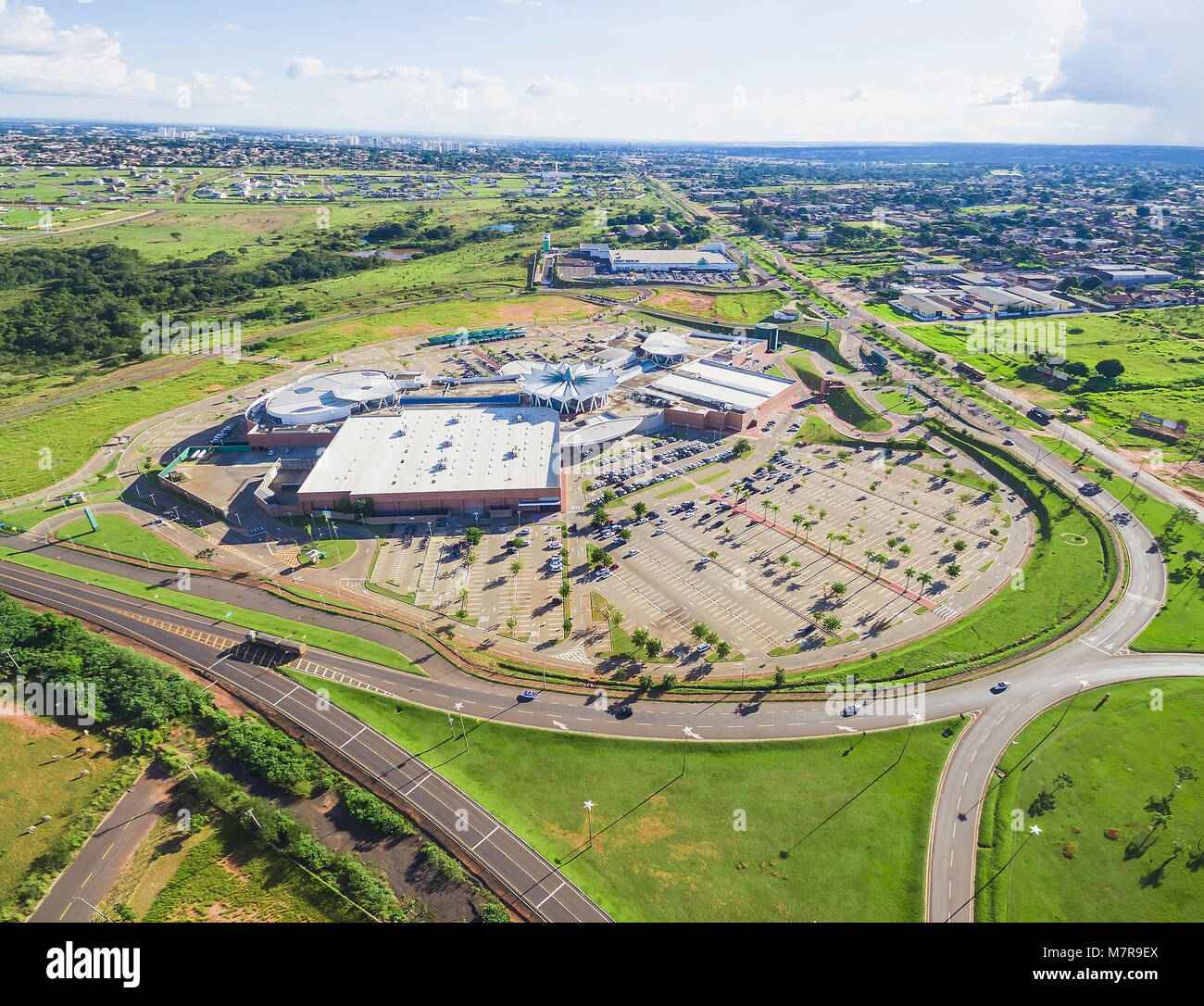 Campo Grande, Brazil - March 12, 2018: Panoramic aerial view from the Shopping Bosque dos Ipes and the neighborhood around. Mall at the city's exit, o Stock Photo