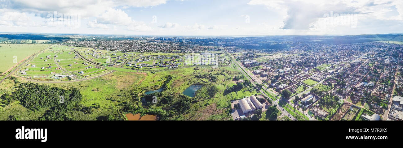 Aerial panoramic view from the Avenida Consul Assaf Trad avenue and the neighbourhood around next to the highway BR-163 in Campo Grande MS. Cityscape  Stock Photo