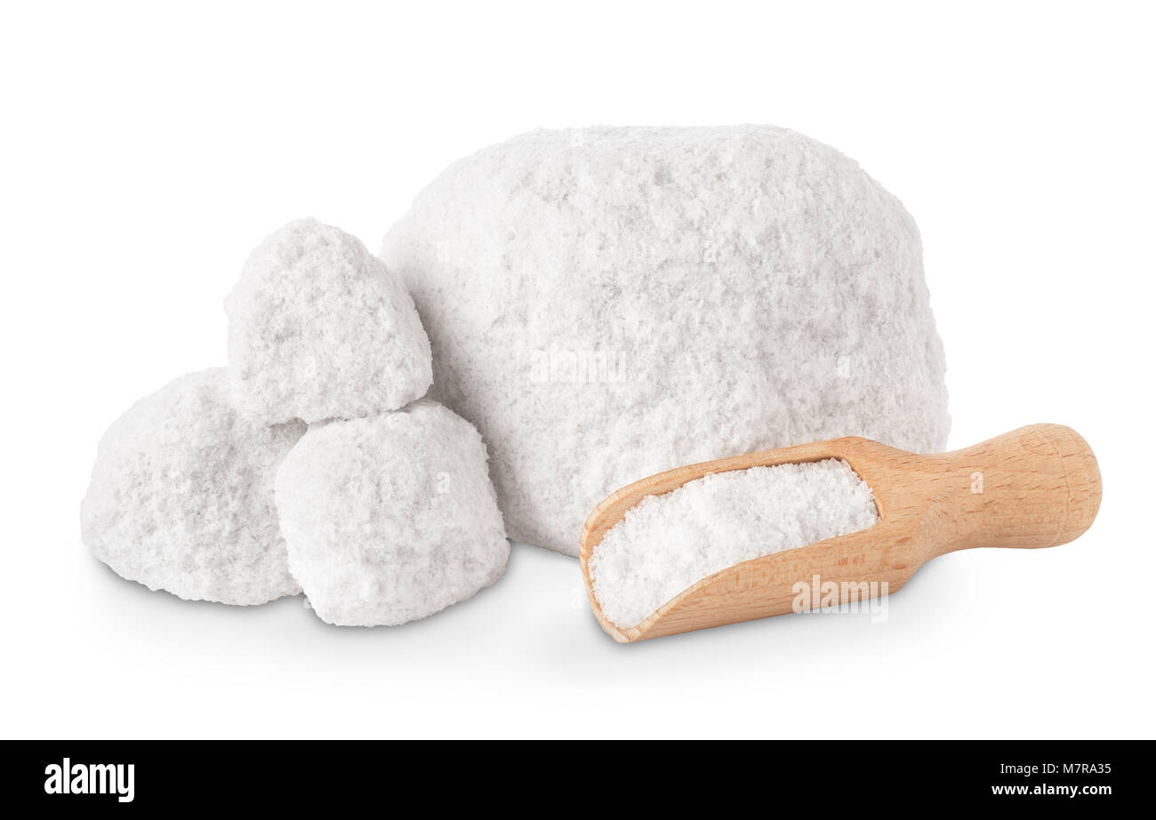 lumps of salt and scoop isolated on white background Stock Photo - Alamy