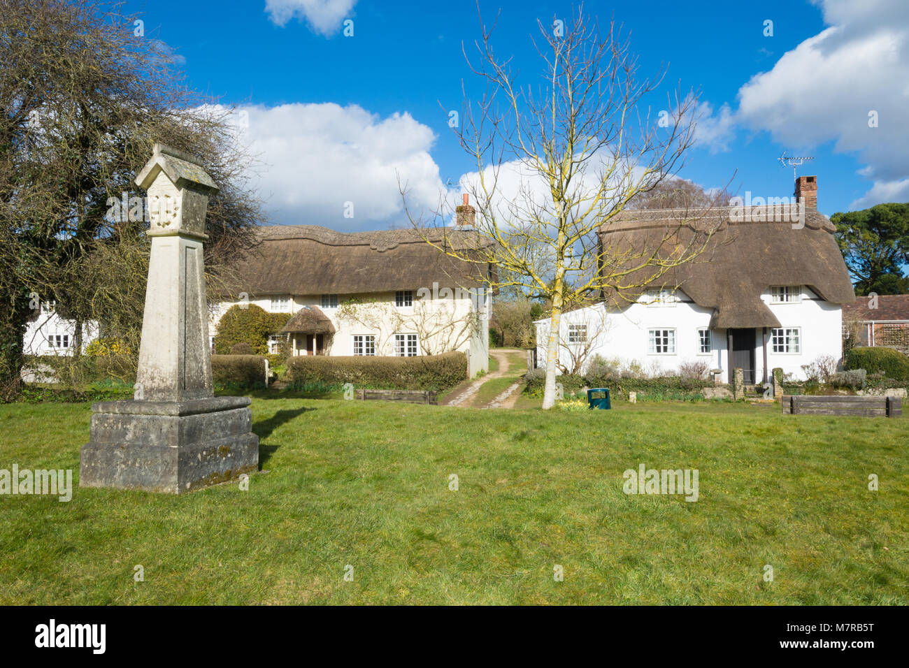 Charming thatched cottages in Martin village in Hampshire, UK, with the village green and