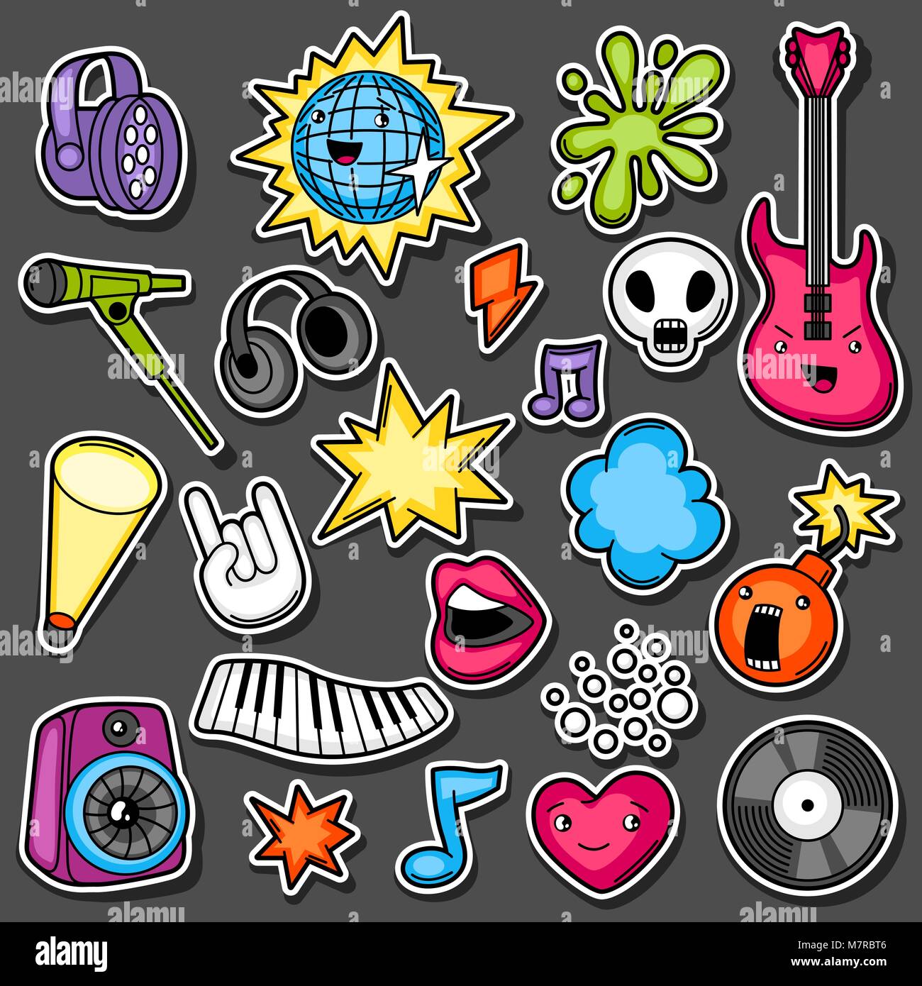 Music party kawaii sticker set. Musical instruments, symbols and