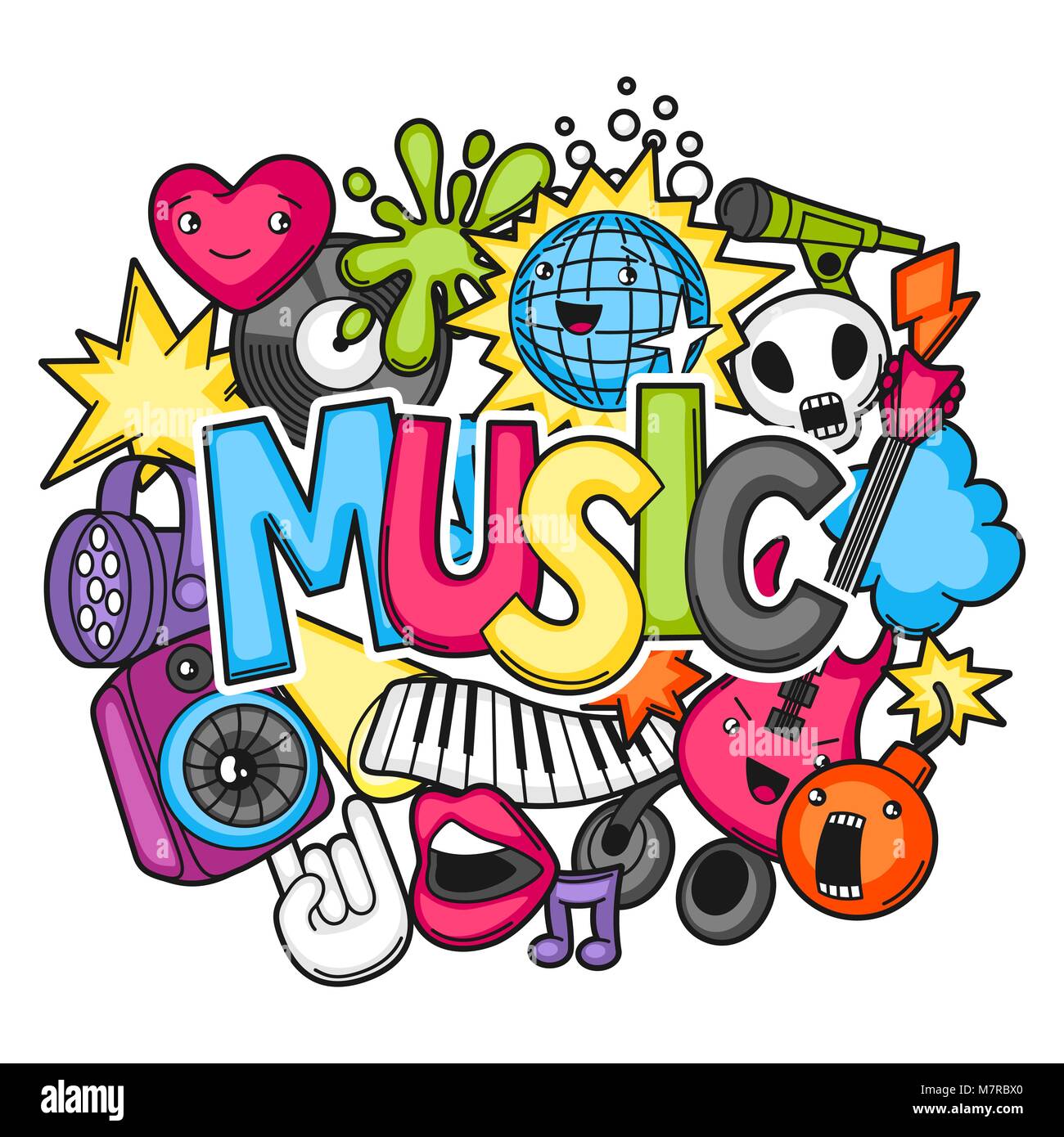 Music party kawaii design. Musical instruments, symbols and objects in cartoon style Stock Vector
