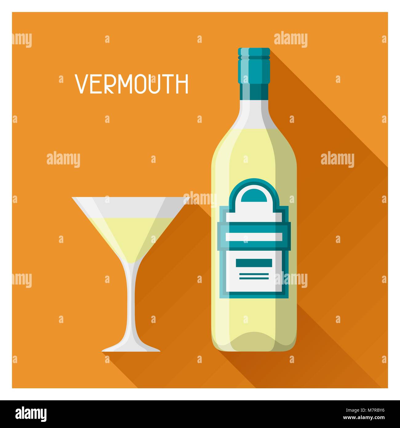 Bottle and glass of vermouth in flat design style Stock Vector Image