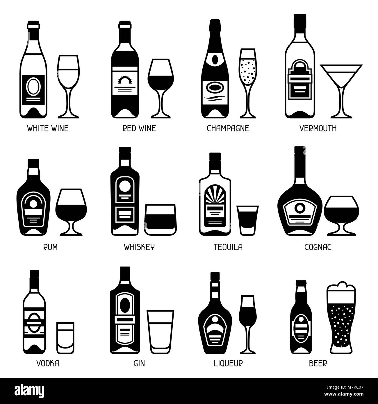 Alcohol drinks icon set. Bottles, glasses for restaurants and bars Stock Vector