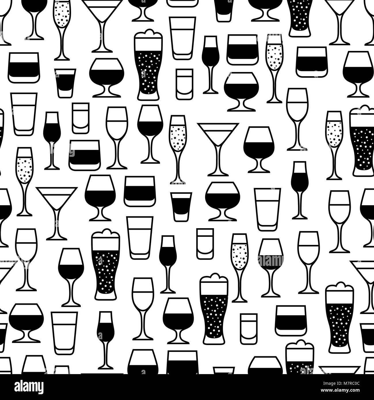 Alcohol drinks seamless pattern. Glasses for restaurants and bars Stock Vector