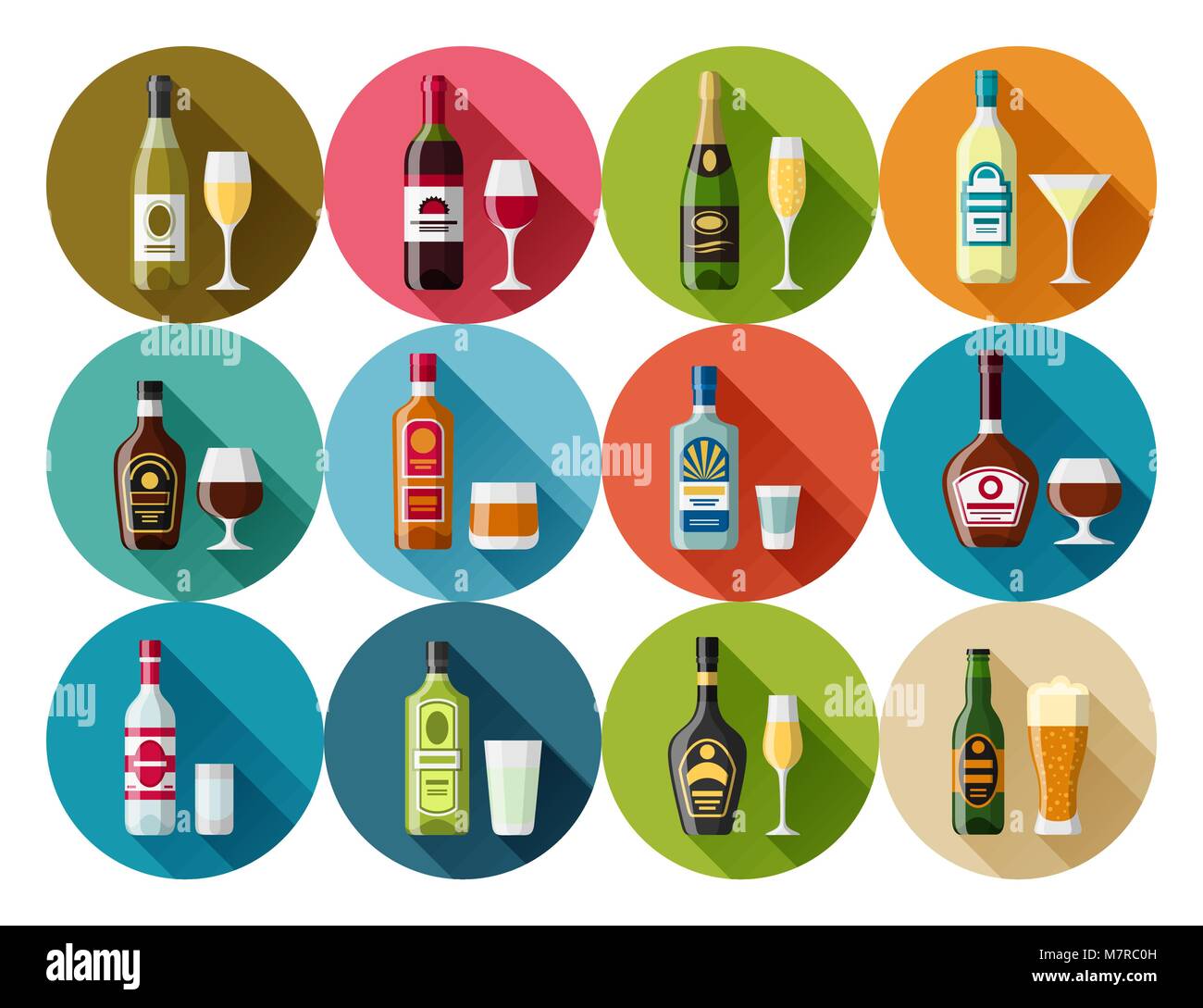 Alcohol drinks icon set. Bottles, glasses for restaurants and bars Stock Vector