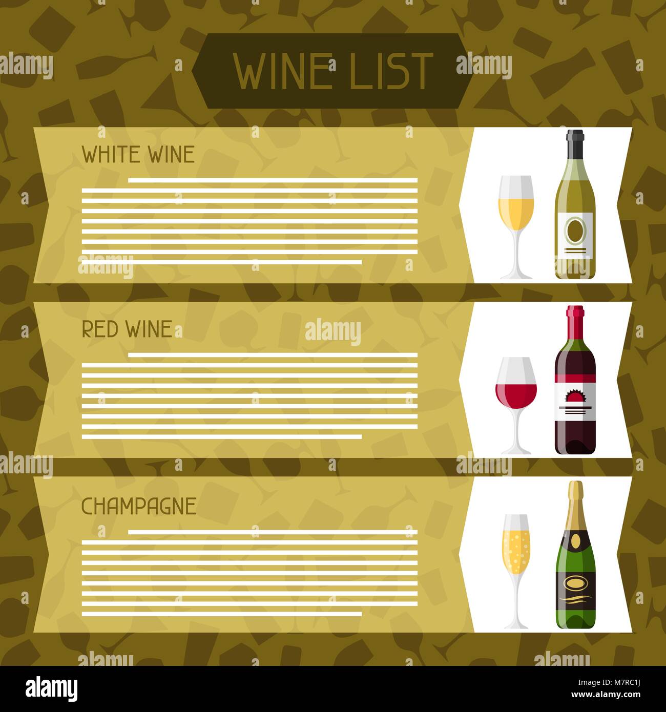 Alcohol drinks menu or wine list. Bottles, glasses for restaurants and bars Stock Vector