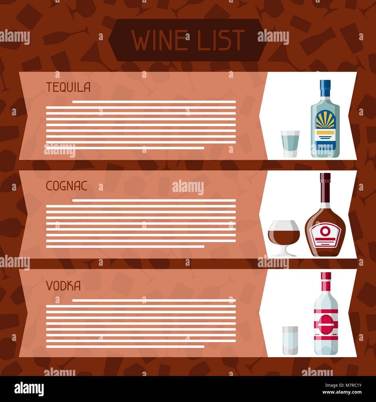 Alcohol drinks menu or wine list. Bottles, glasses for restaurants and bars Stock Vector