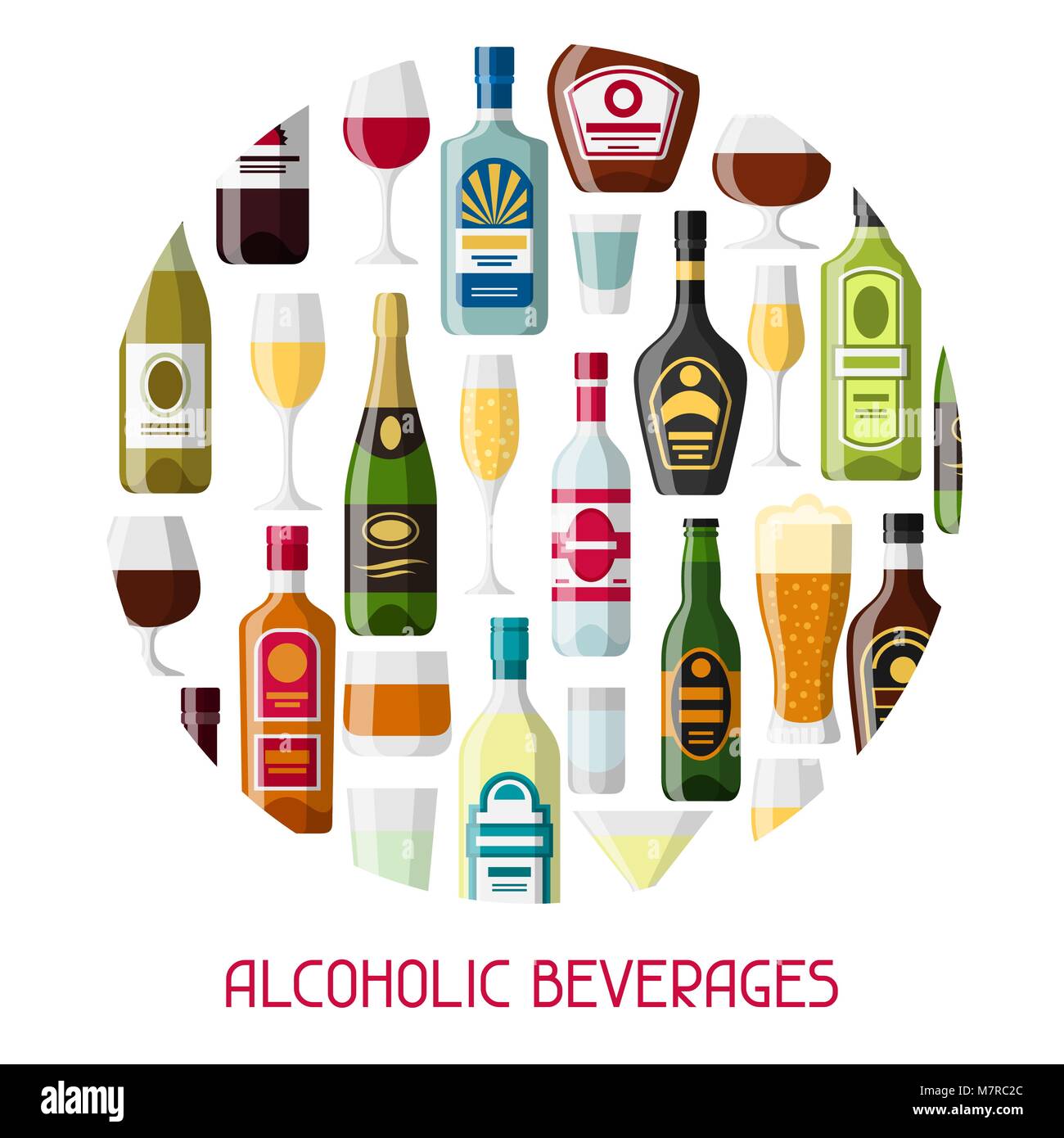 Alcohol drinks background design. Bottles, glasses for restaurants and bars Stock Vector