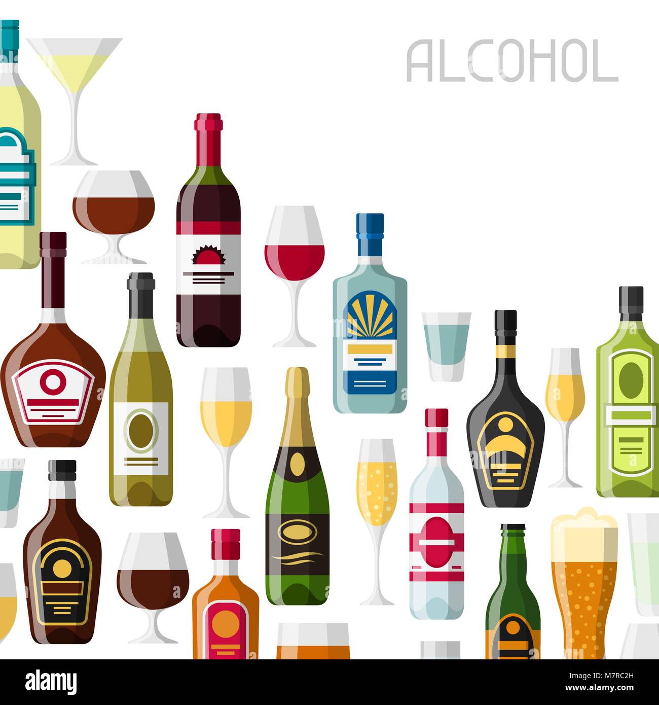 Alcohol drinks background design. Bottles, glasses for restaurants and bars Stock Vector