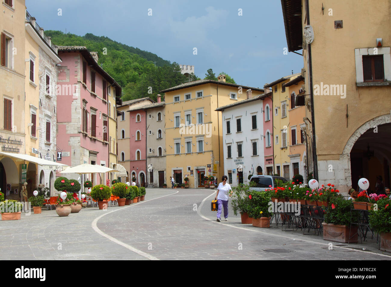 Main street in Visso, the heart of the Sibillini national park, Le ...
