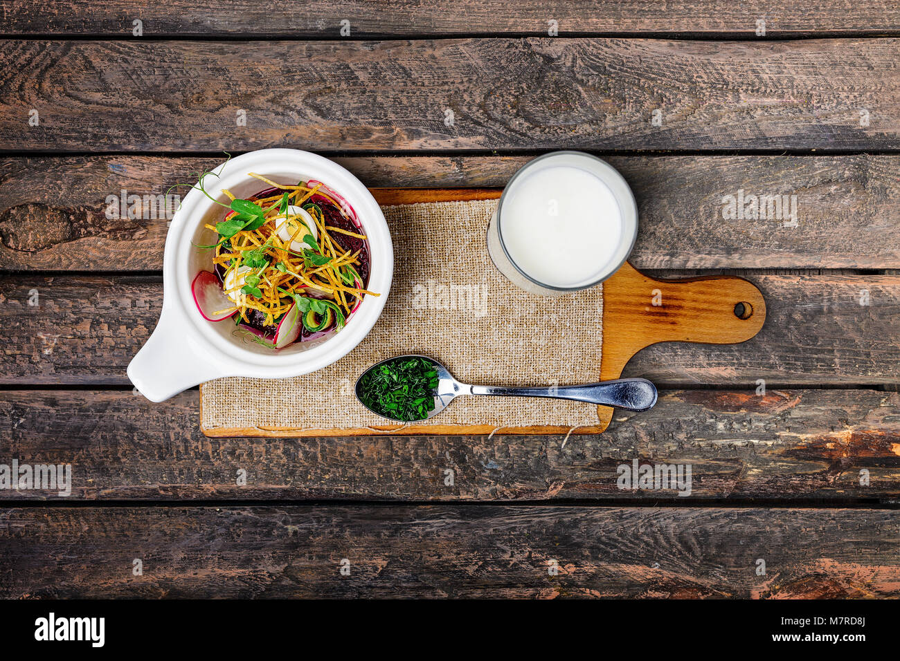 Bowl of red beetroot soup stock photo alamy