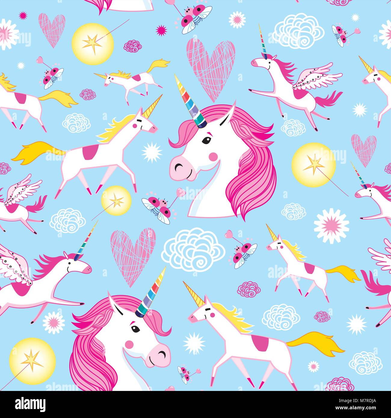 Seamless funny pattern from unicorns on a light blue background Stock ...