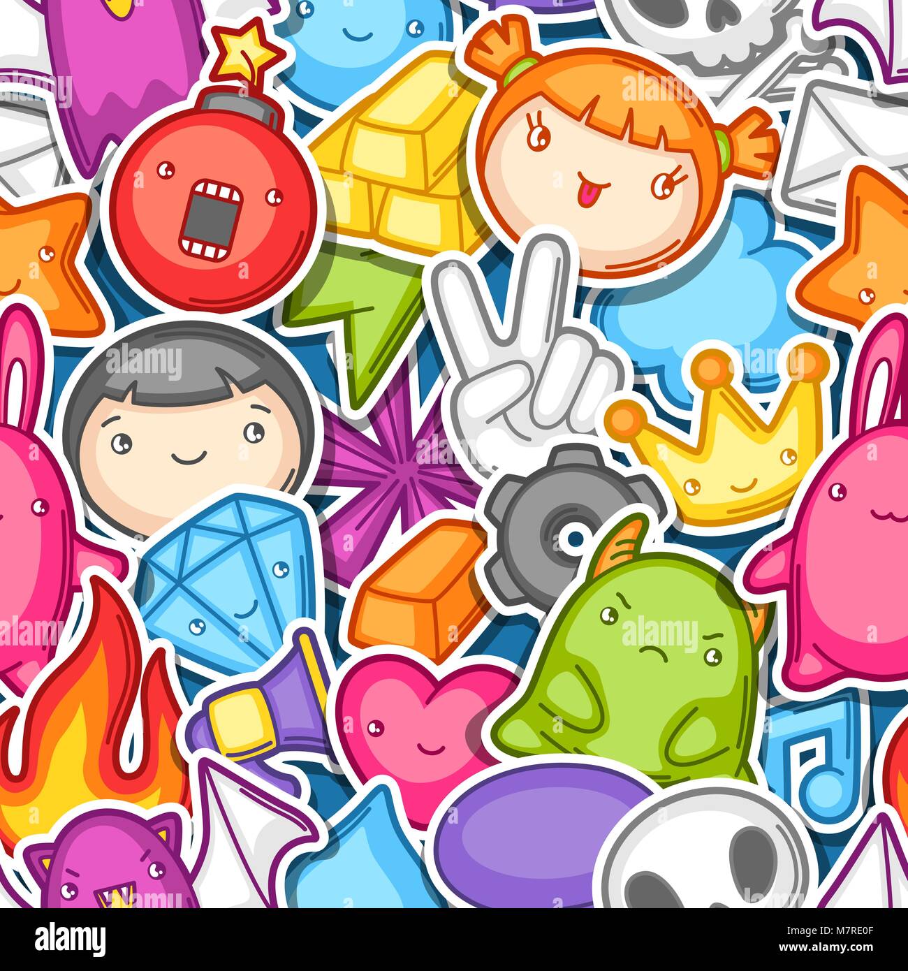 Game kawaii seamless pattern. Cute gaming design elements, objects and ...