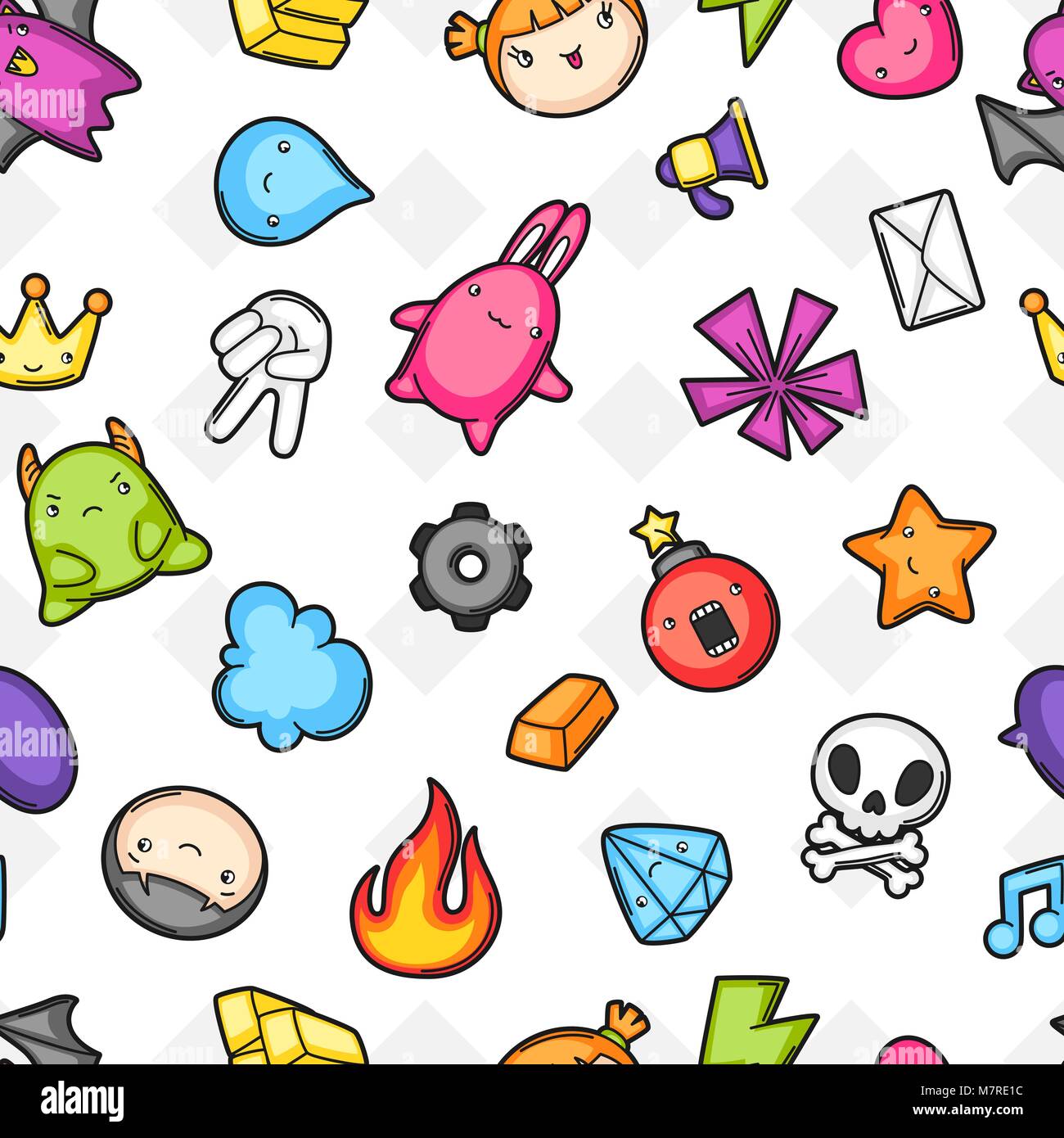 Game kawaii seamless pattern. Cute gaming design elements, objects and ...