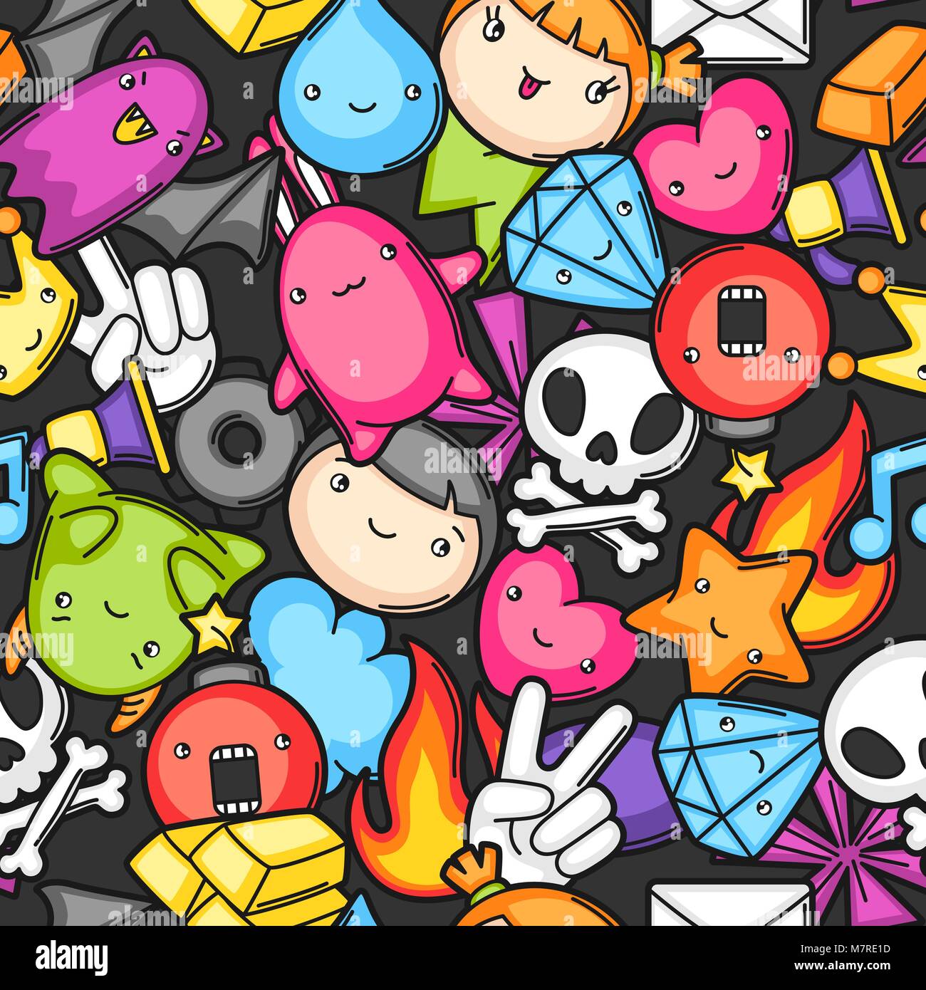 Game kawaii seamless pattern. Cute gaming design elements, objects and ...
