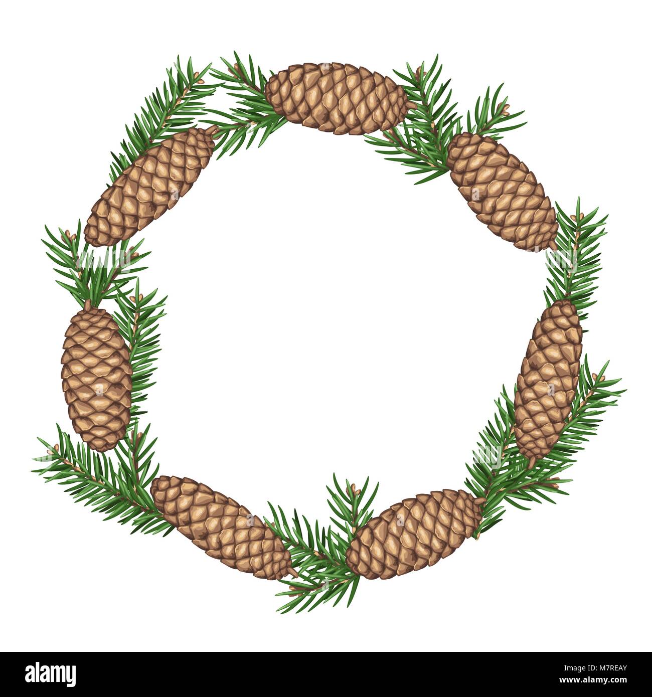 Wreath with fir branches and cones. Detailed vintage illustration Stock ...