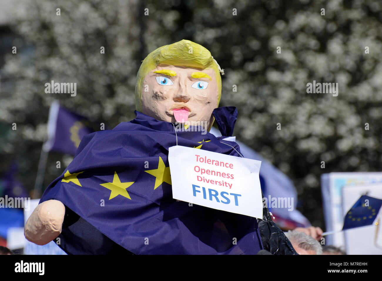 Donald Trump effigy wearing EU flag and carrying a placard reading 'Tolerance Openness Diversity First' at the Unite for Europe march in London, UK. Stock Photo