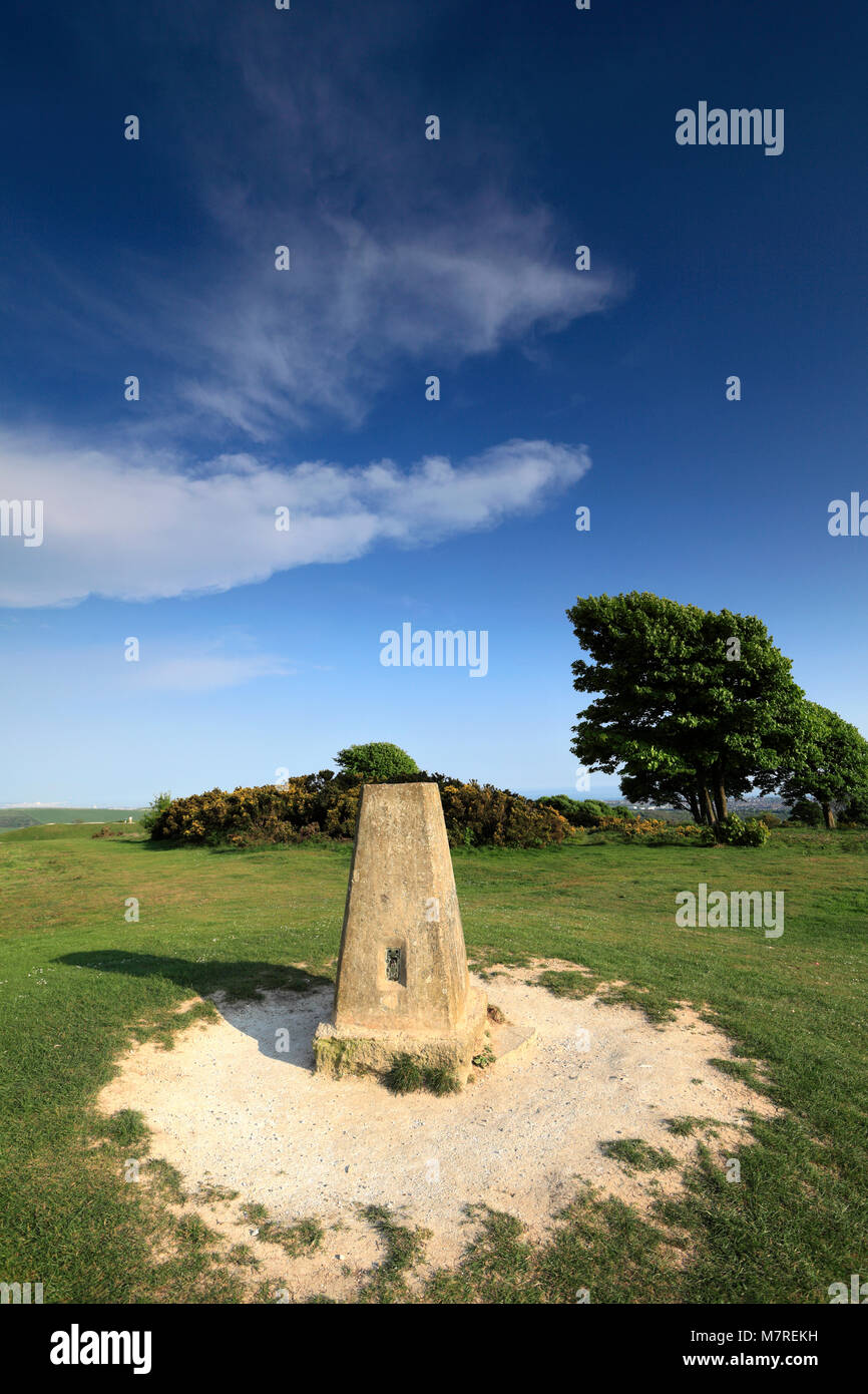 OS Trig point at Cissbury Ring, near Findon village, South Downs National Park, Sussex, England, UK Stock Photo
