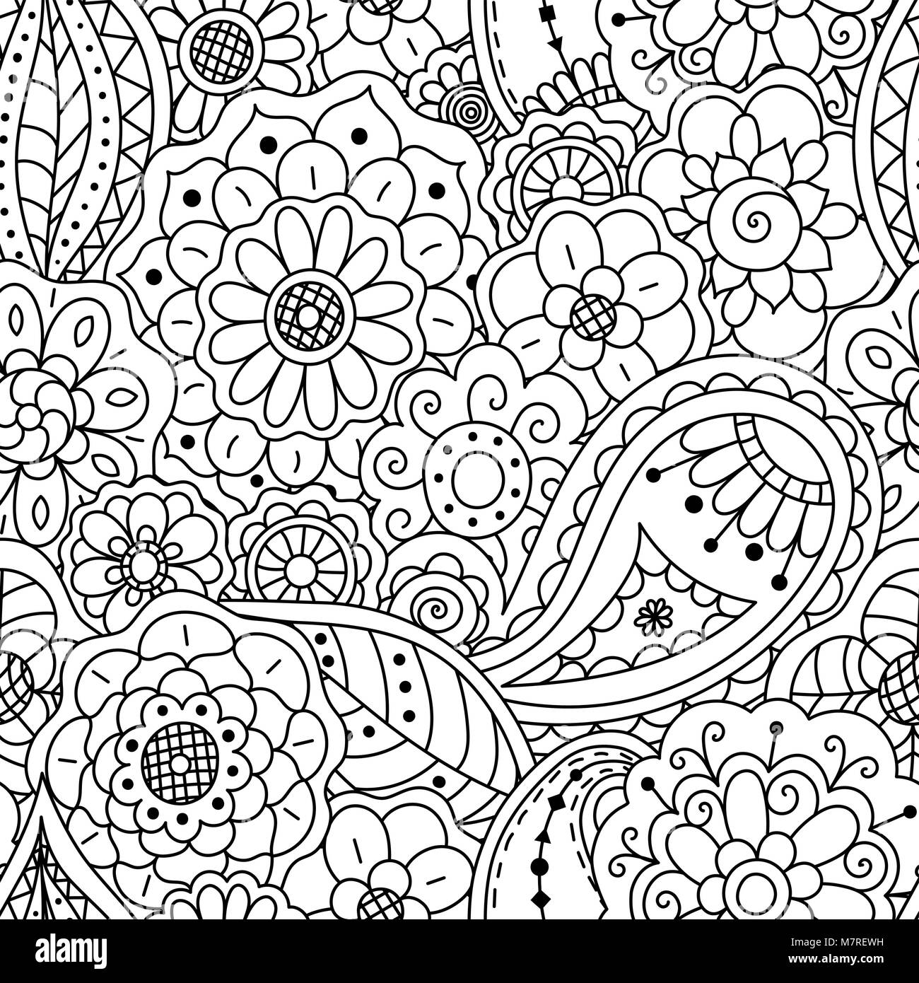 Vector seamless pattern of floral doodle elements. Coloring page book ...