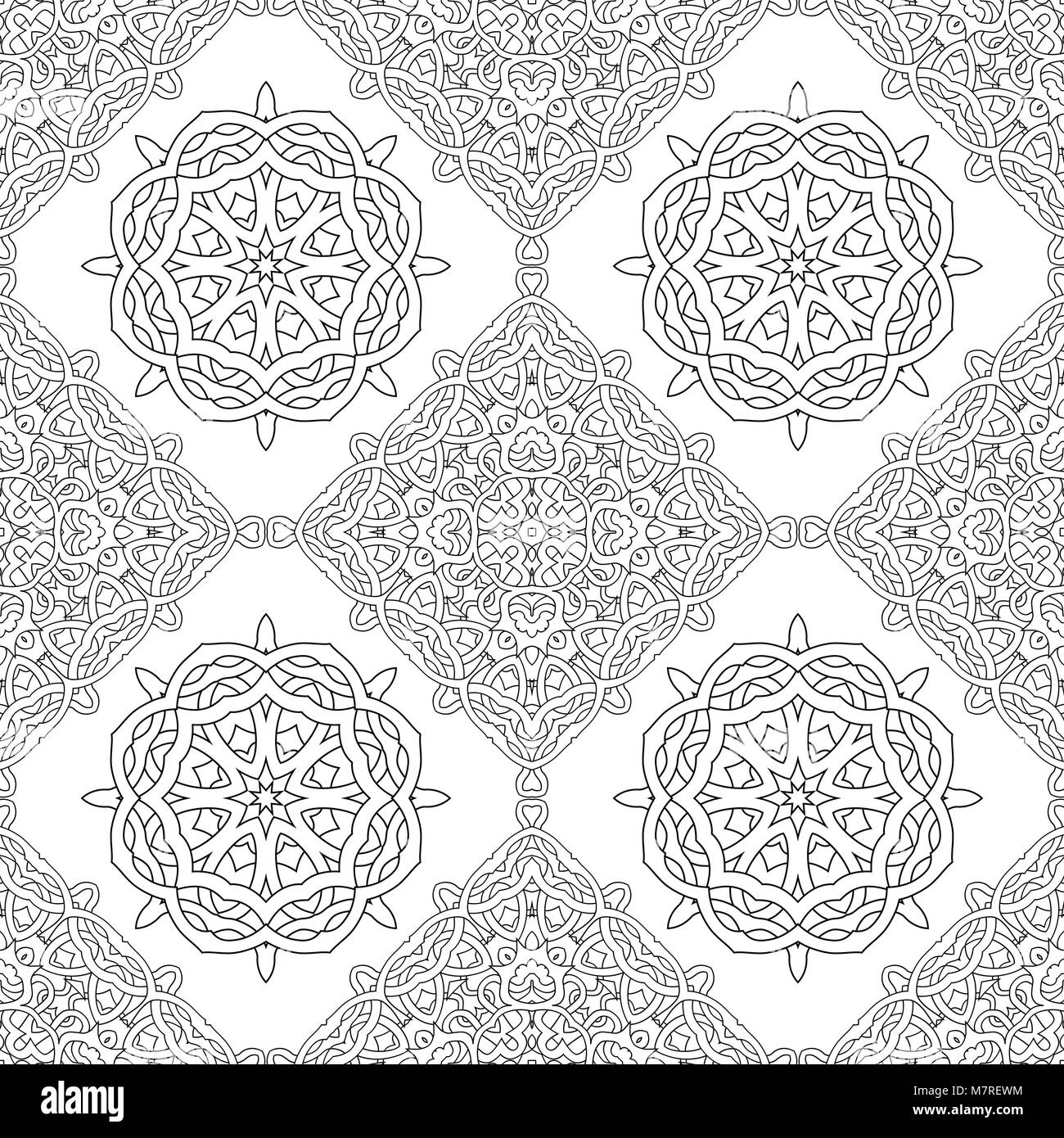 seamless pattern of black and white mandala. Line art background Stock ...