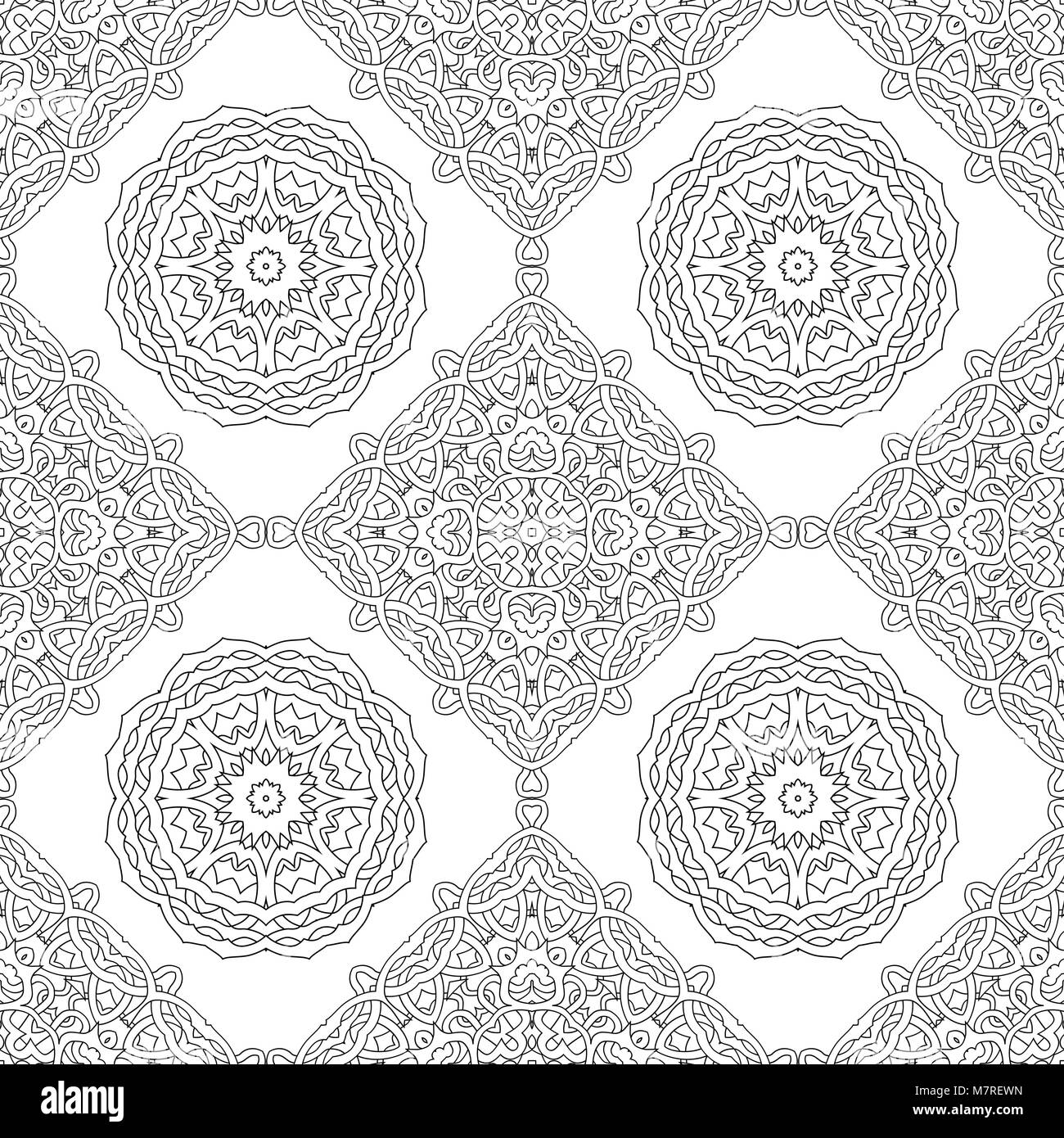 seamless pattern of black and white mandala. Line art background Stock ...