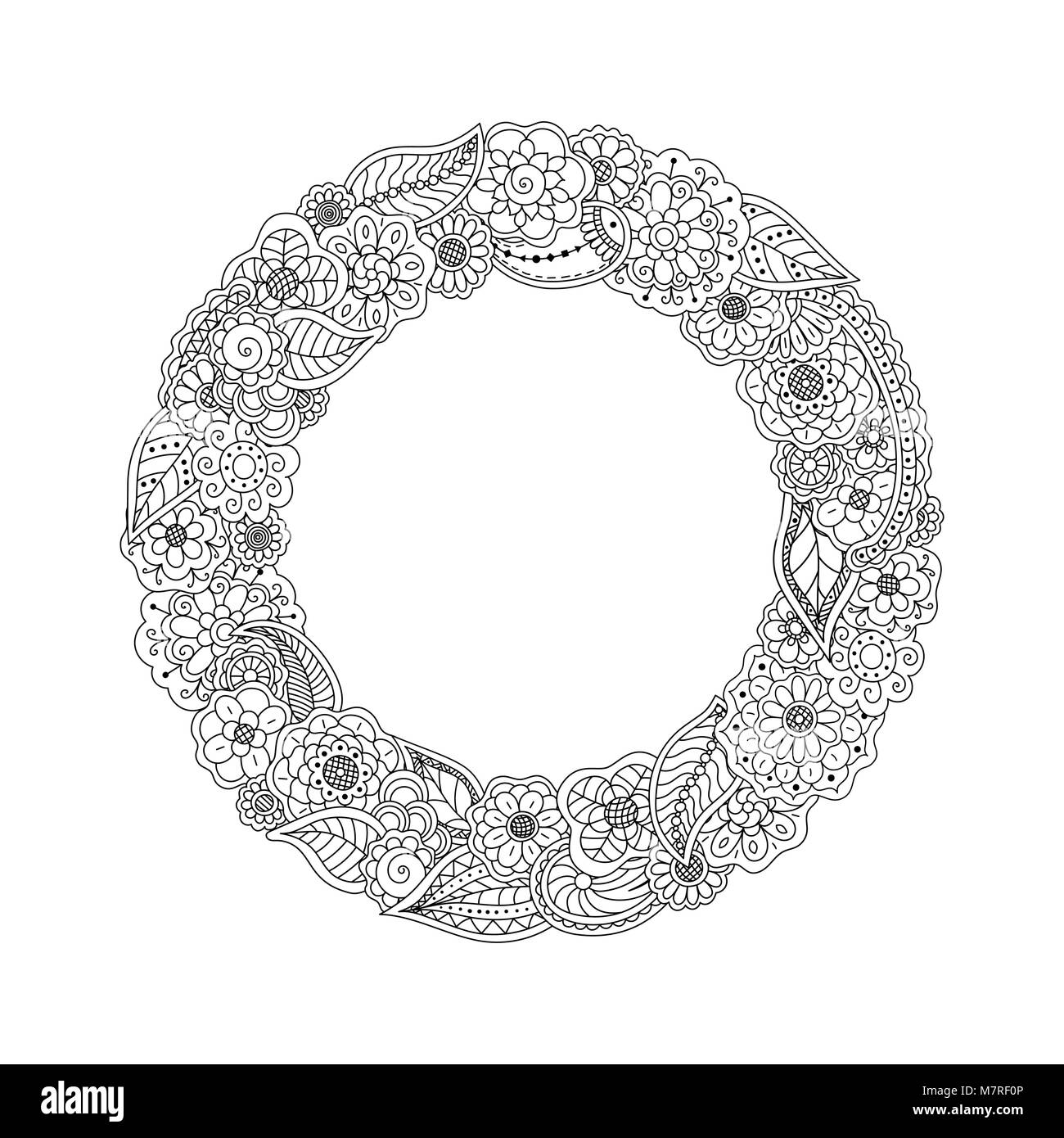 Vector Round Circle Frame Of Doodle Flowers Black And White Floral Wreath Coloring