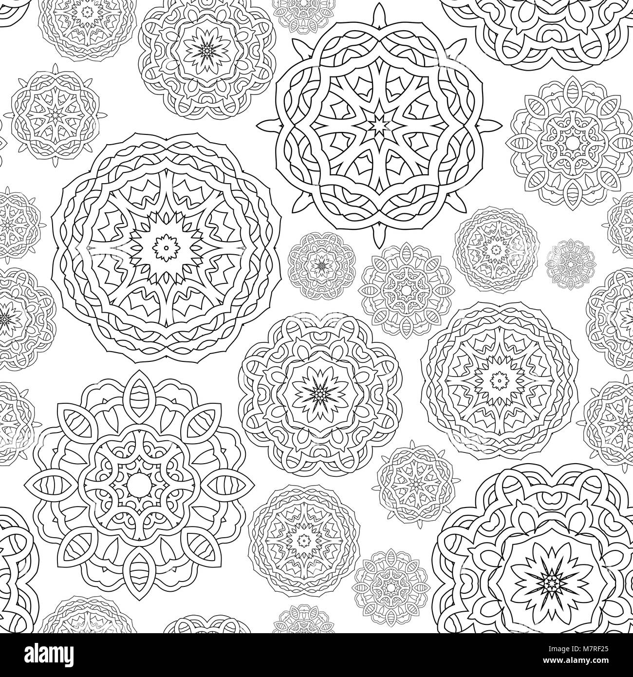 seamless pattern of black and white round mandalas. Coloring page book ...
