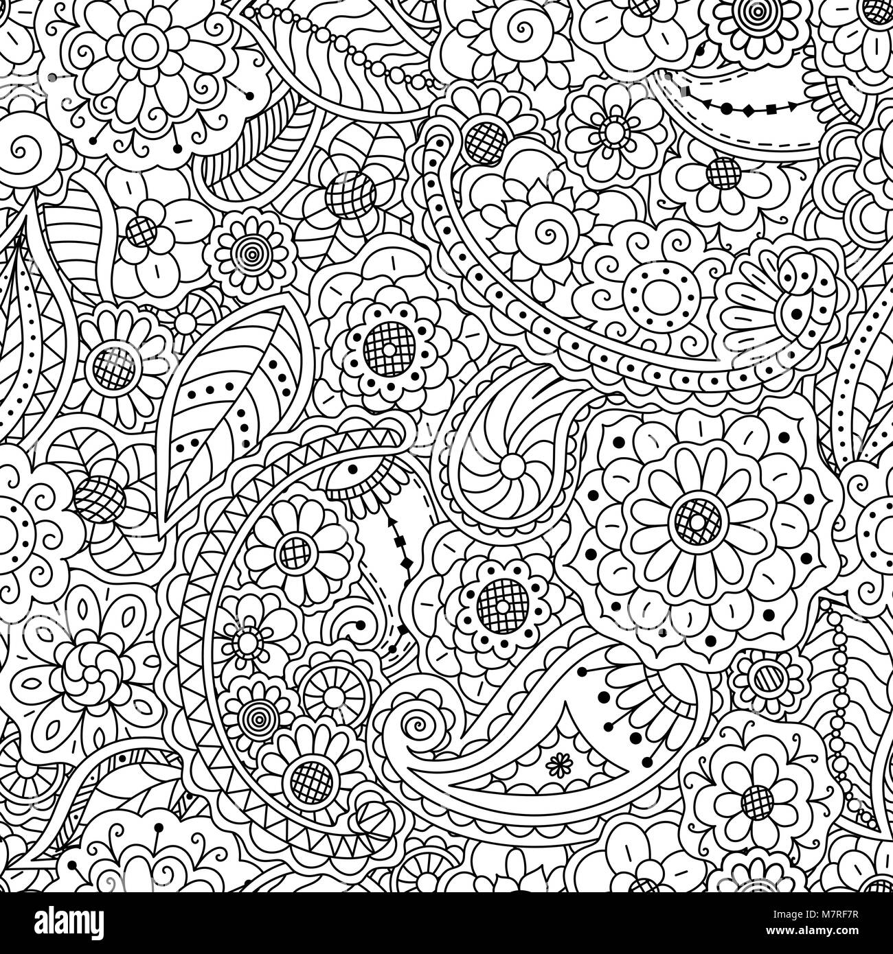 Seamless pattern of floral doodle elements. Vector coloring page book ...