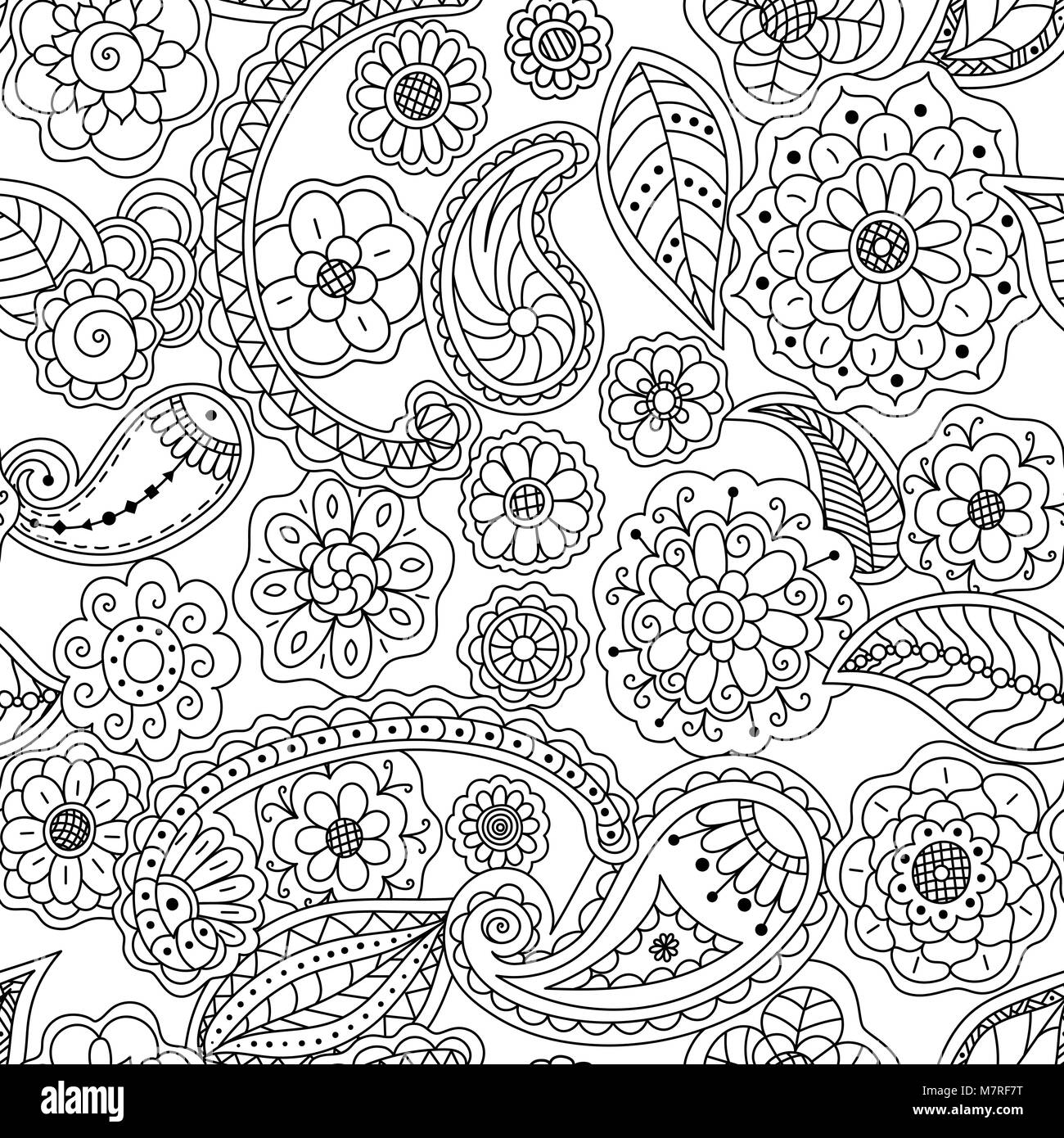 Seamless pattern of floral doodle elements. Vector coloring page book ...