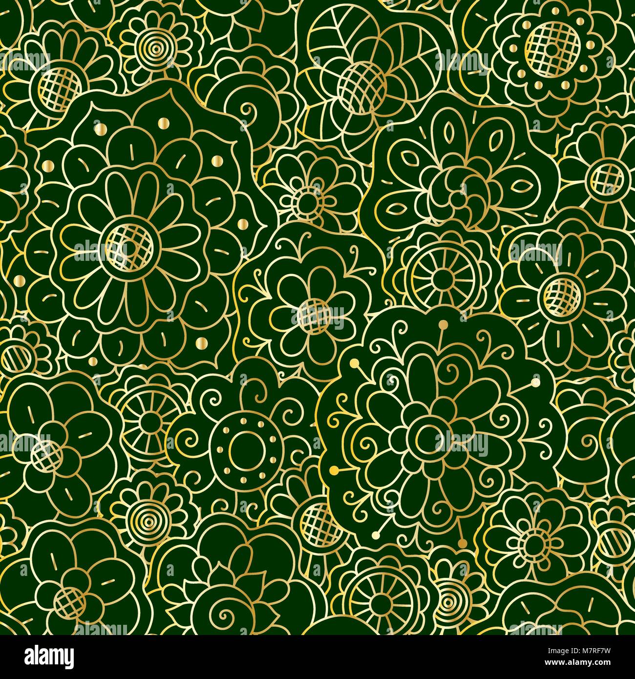 Vector decorative golden floral mandala seamless pattern on dark green ...
