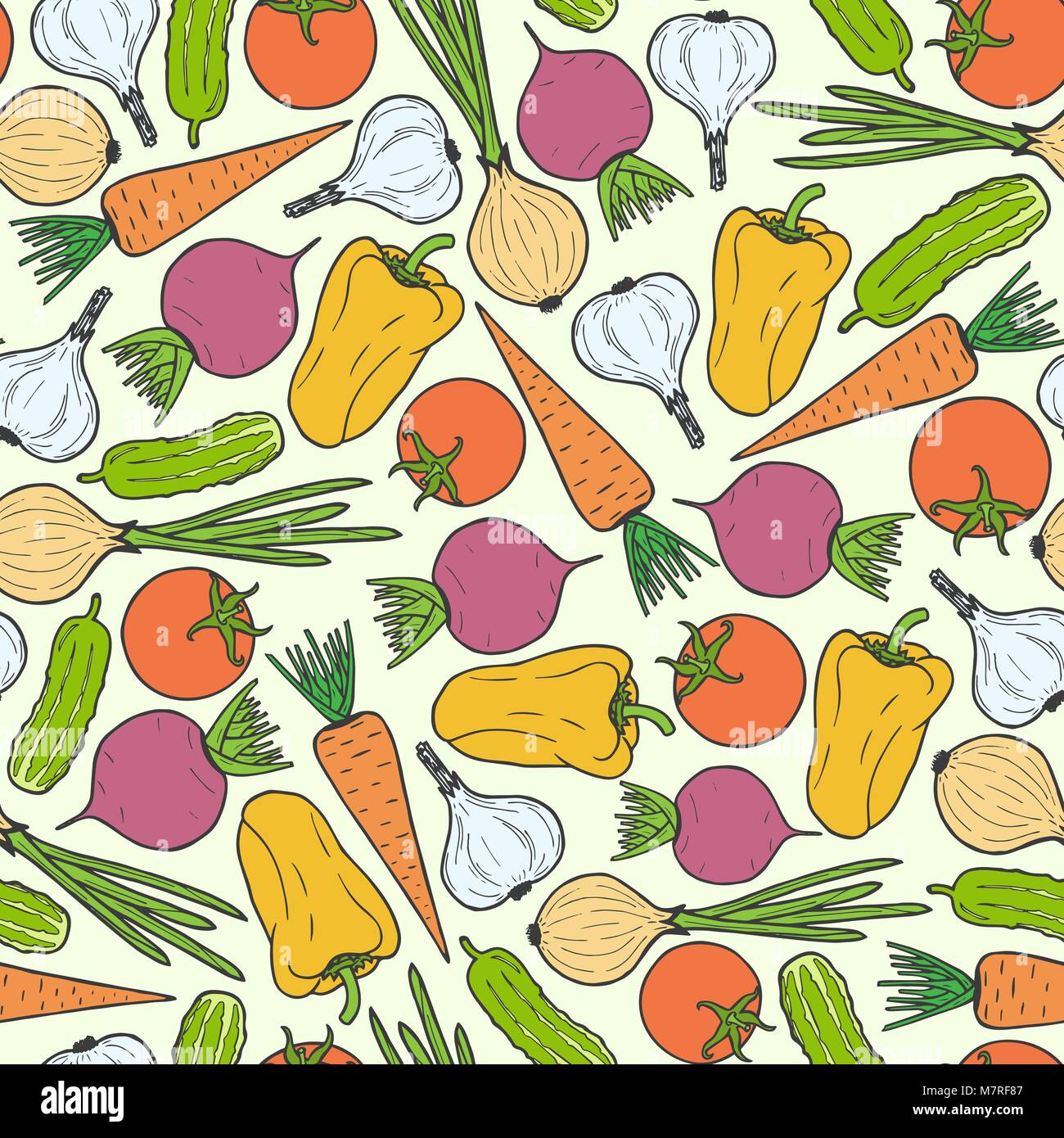 seamless pattern of vegetables. Vector carrot, garlic, cucumber, tomato ...