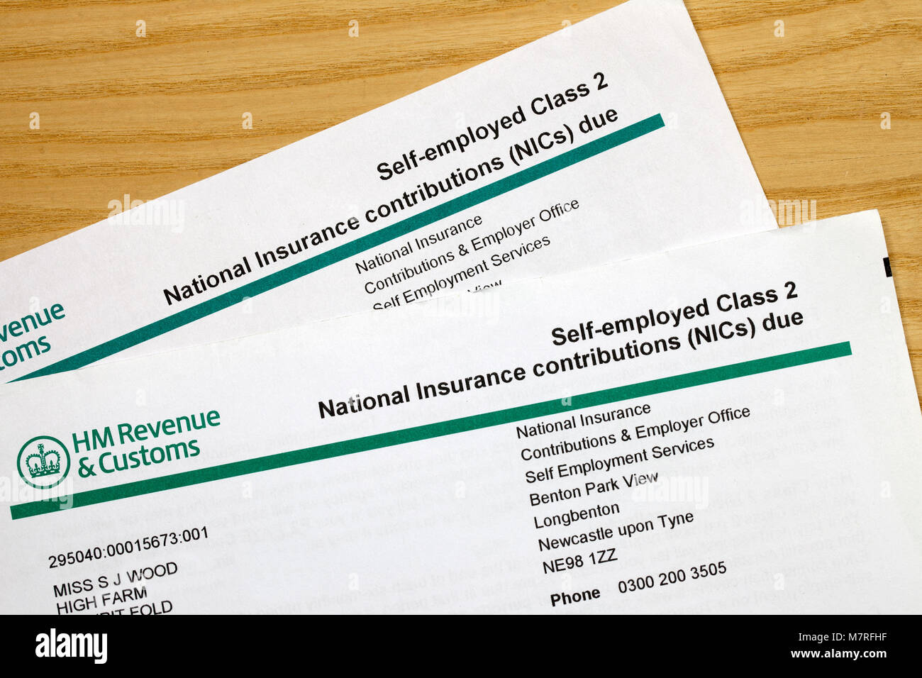 HM Revenue and Customs National Insurance Contributions due Self-employed Class 2 form Stock Photo