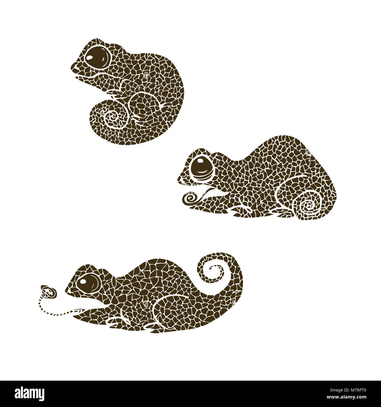 vector illustration silhouette of chameleon. Set of chameleons made in one color under the stencil Stock Vector