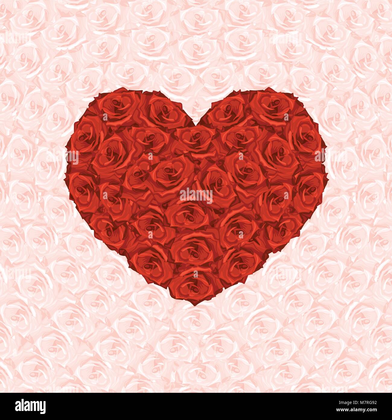 illustration of heart from red roses on background made from pink rose ...