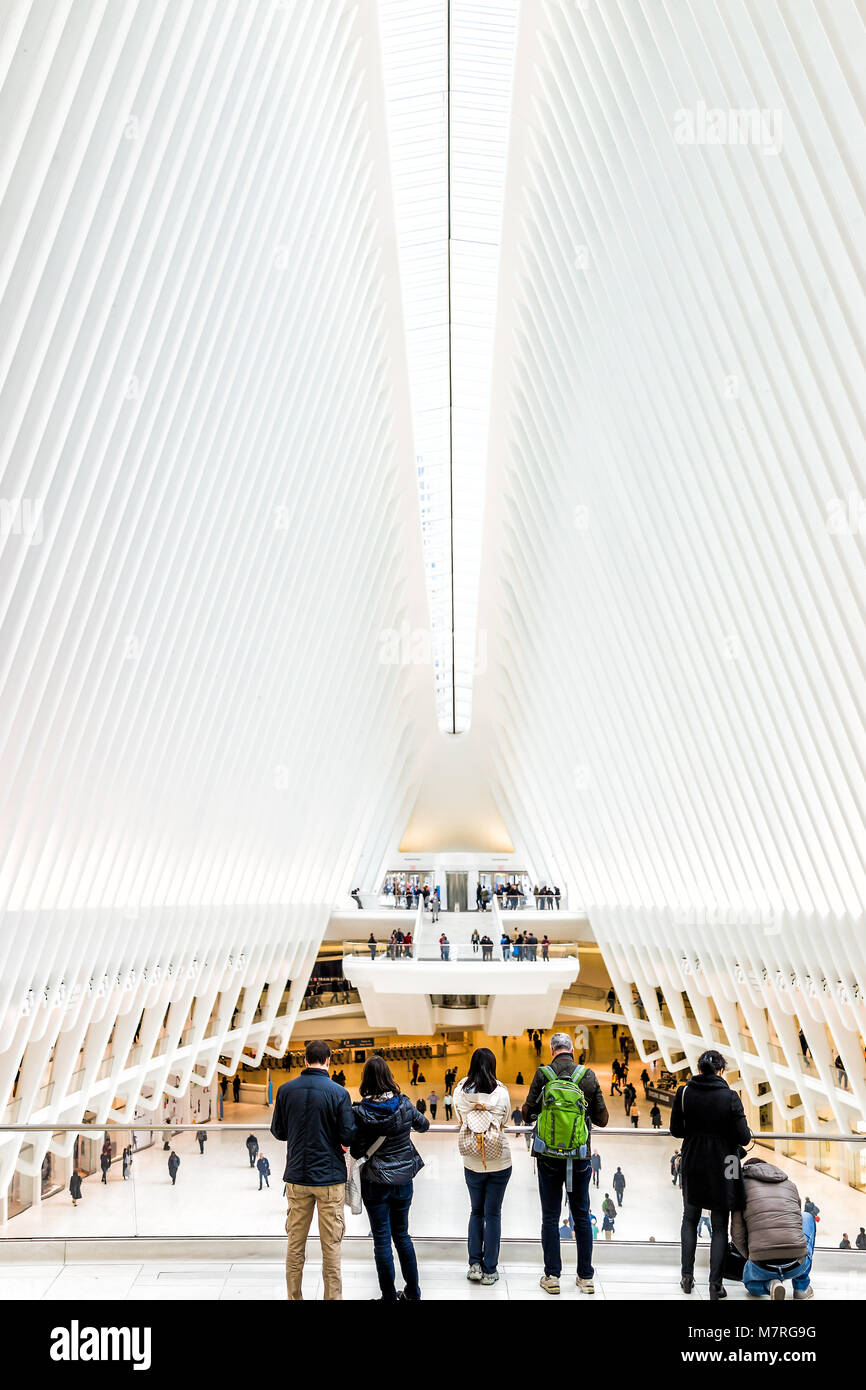 New York City, USA - October 30, 2017: People in The Oculus transportation hub at World Trade Center NYC Subway Station, commute, many crowded crowd h Stock Photo