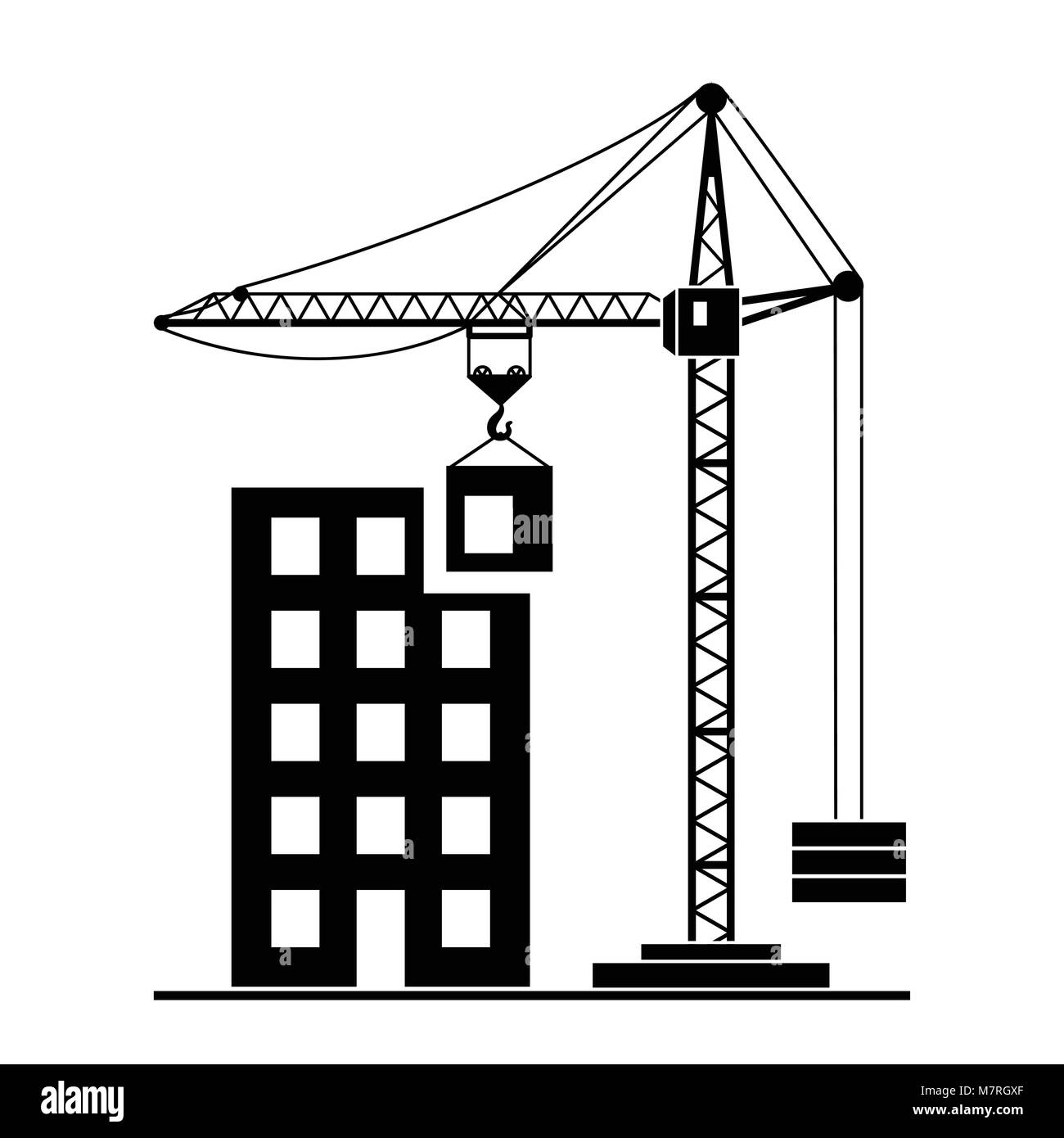 Vector building Construction with Crane on White Background Stock ...