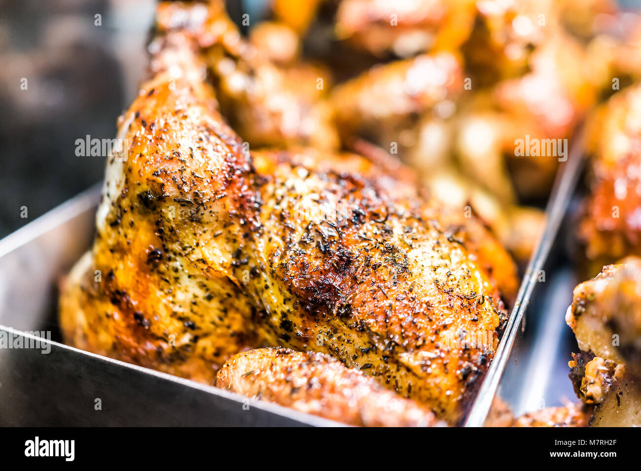 Macro closeup of roasted whole chicken brown with herbs, spices, crispy golden skin on tray in deli store shop grocery display Stock Photo