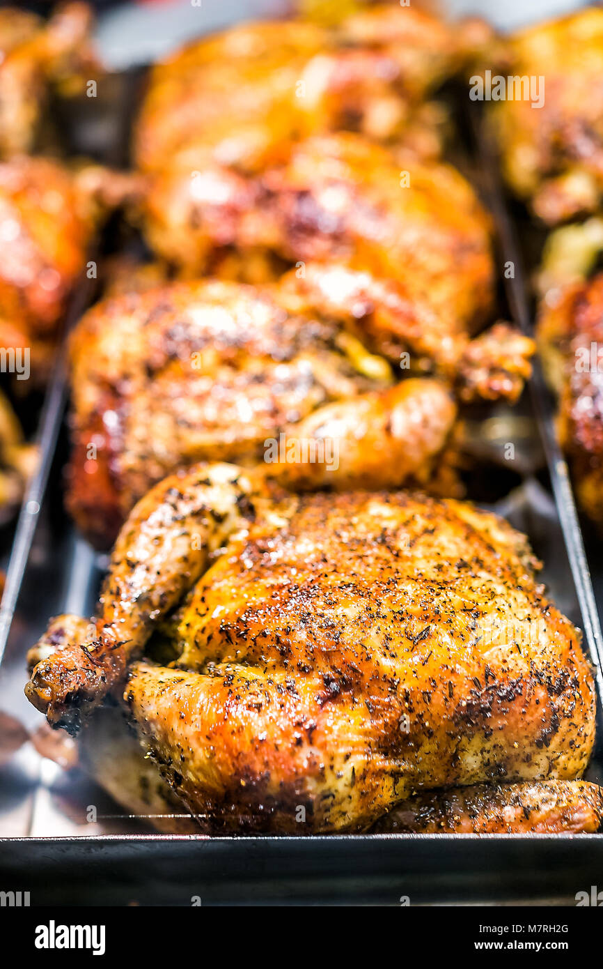 Closeup of many roasted whole chicken in deli store shop grocery display brown with herbs, spices, crispy golden skin on tray Stock Photo