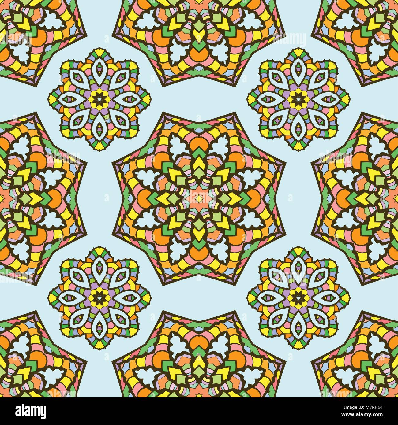 seamless pattern made from abstract mandalas on blue background Stock ...
