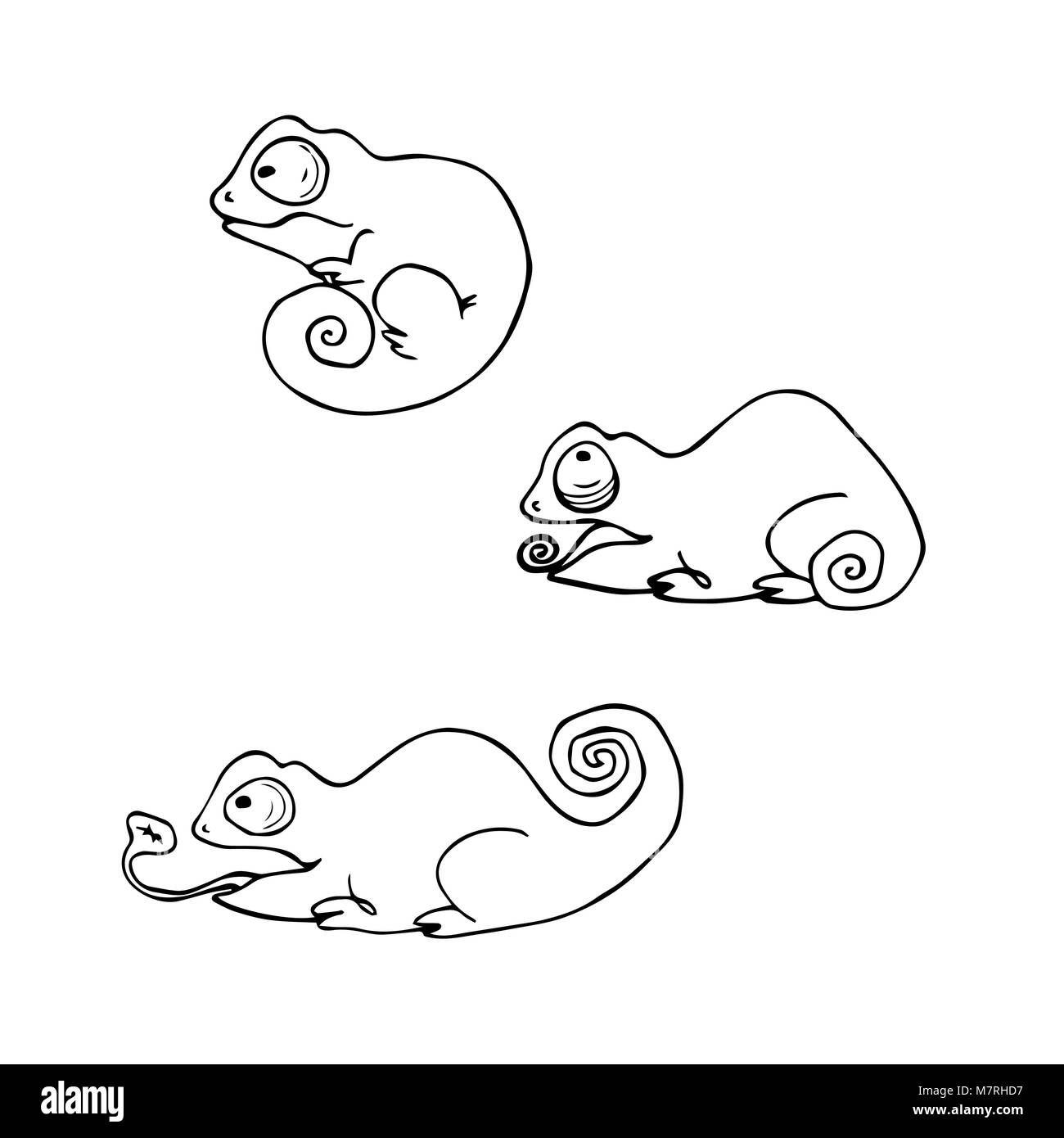 Cartoon cute chameleons set. Vector contour image. Stock Vector