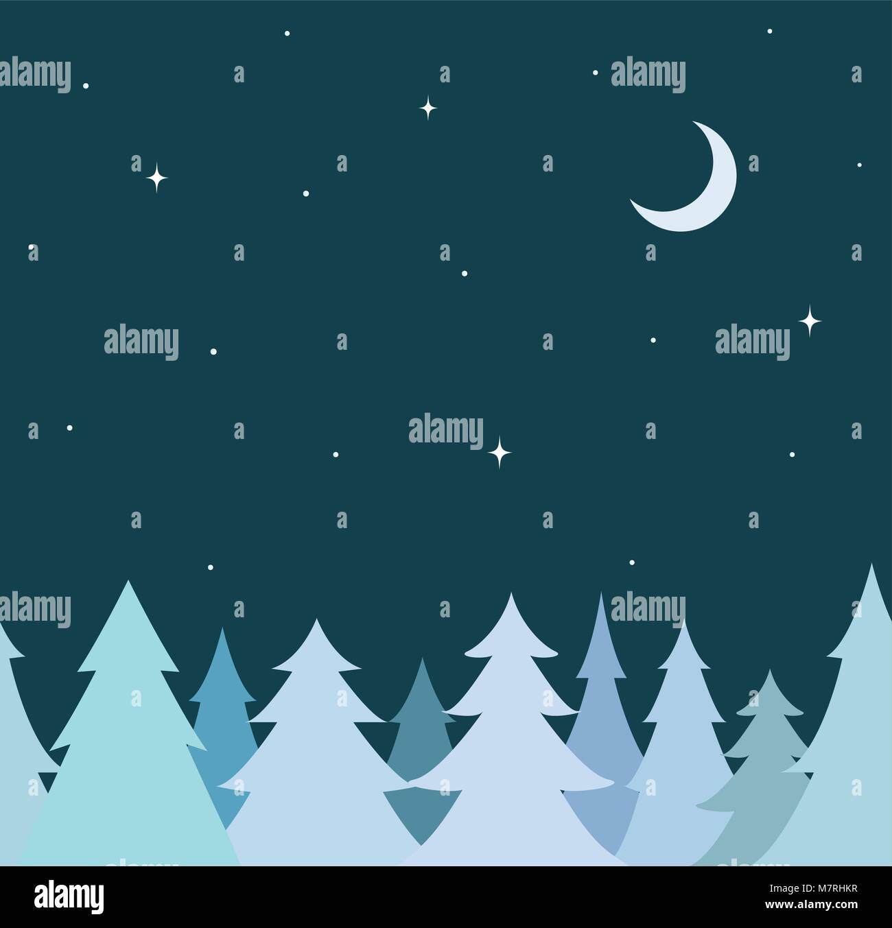 Seamless decorative border from blue tree, night sky with moon and