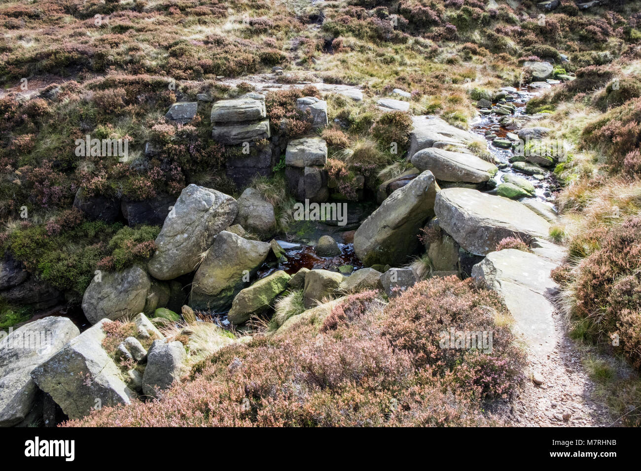 Blackden Brook flowing over rocks and stones from Blackden Rind on the northern edge of moorland, Kinder Scout, Derbyshire, Peak District, England, UK Stock Photo