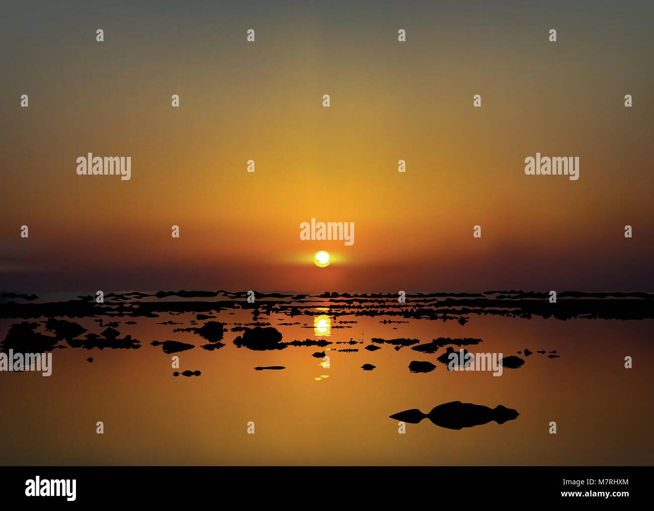 Vector illustration of sunrise or sunset over the sea made in the EPS ...
