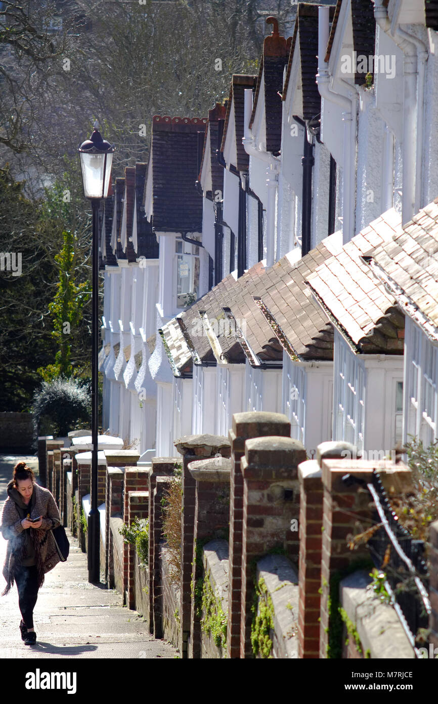 Steep terrace of Edwardian houses, Lewes, East Sussex. Stock Photo