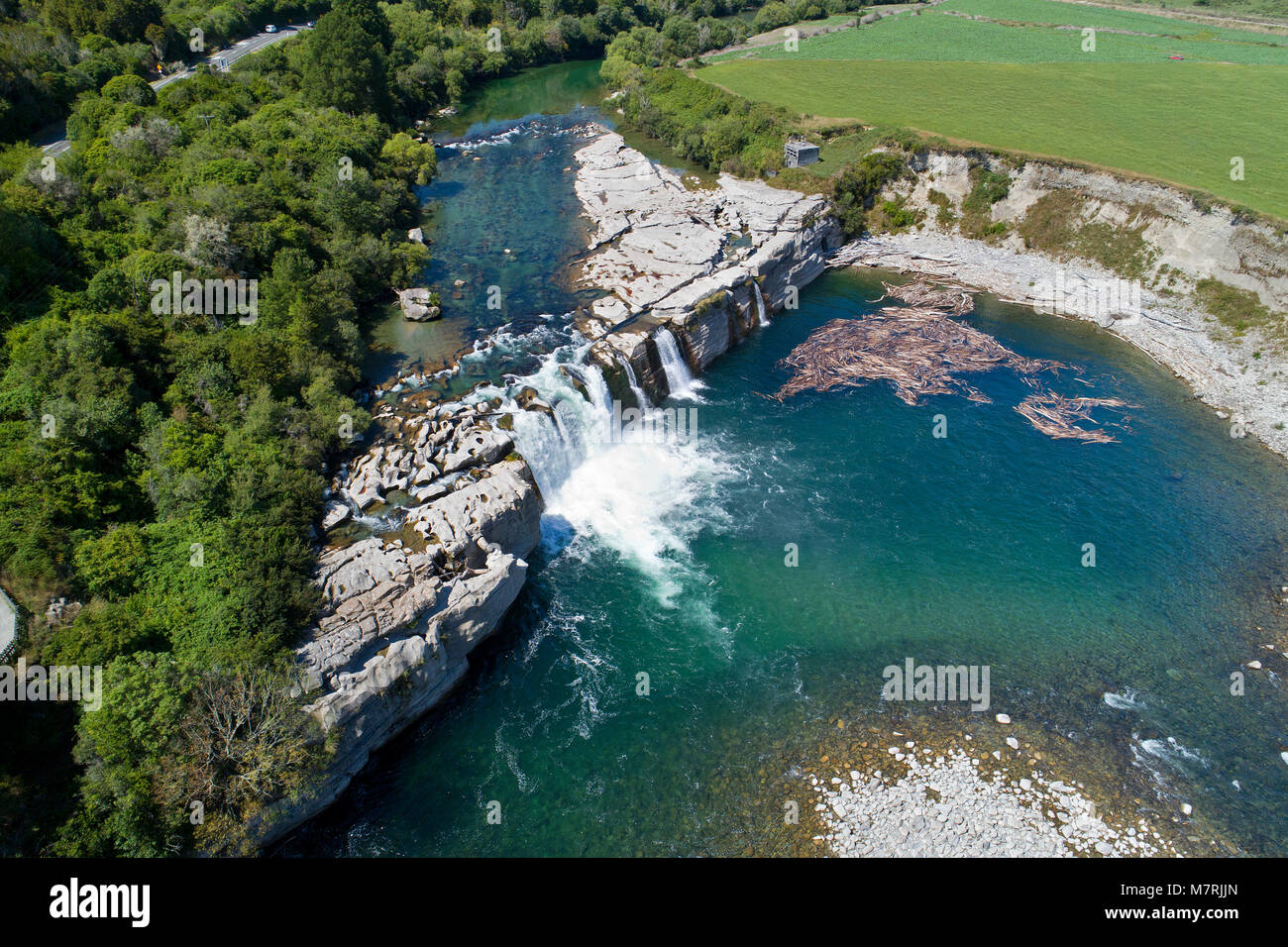 Maruia Falls and Maruia River, near Murchison, Tasman District, South Island, New Zealand - drone aerial Stock Photo