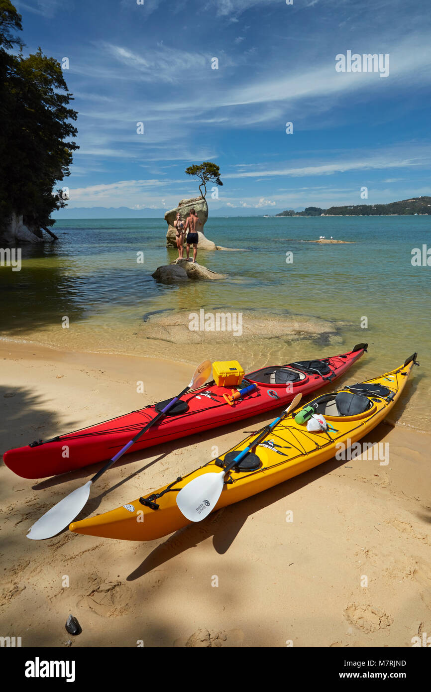 Kayaks and swimmers, Tinline Bay, Abel Tasman National Park, Nelson ...