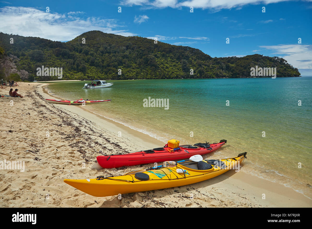 Kayaks, Bark Bay, Abel Tasman National Park, Nelson Region, South Island, New Zealand Stock Photo