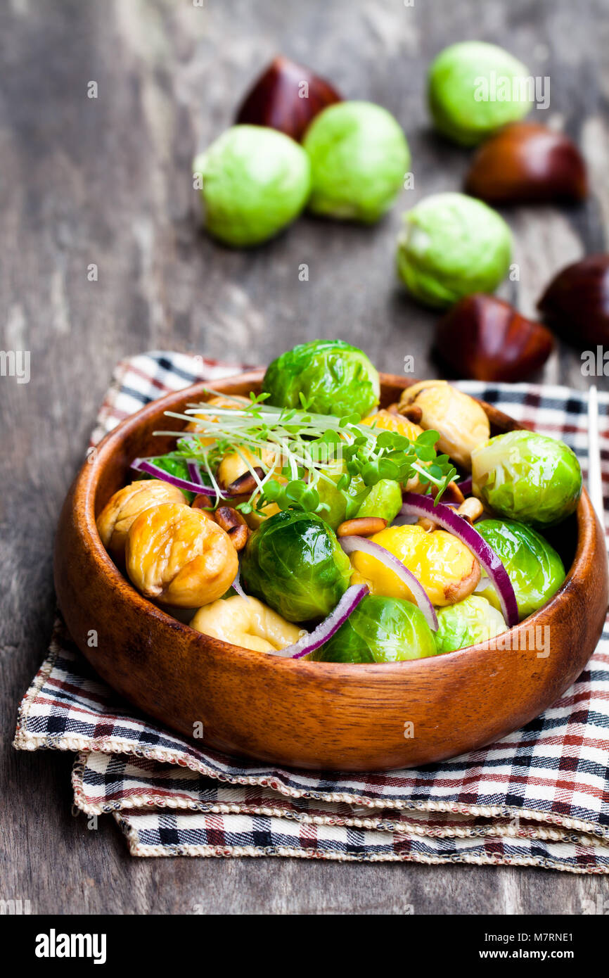 Christmas meal with brussels sprouts and roasted chestnuts Stock Photo